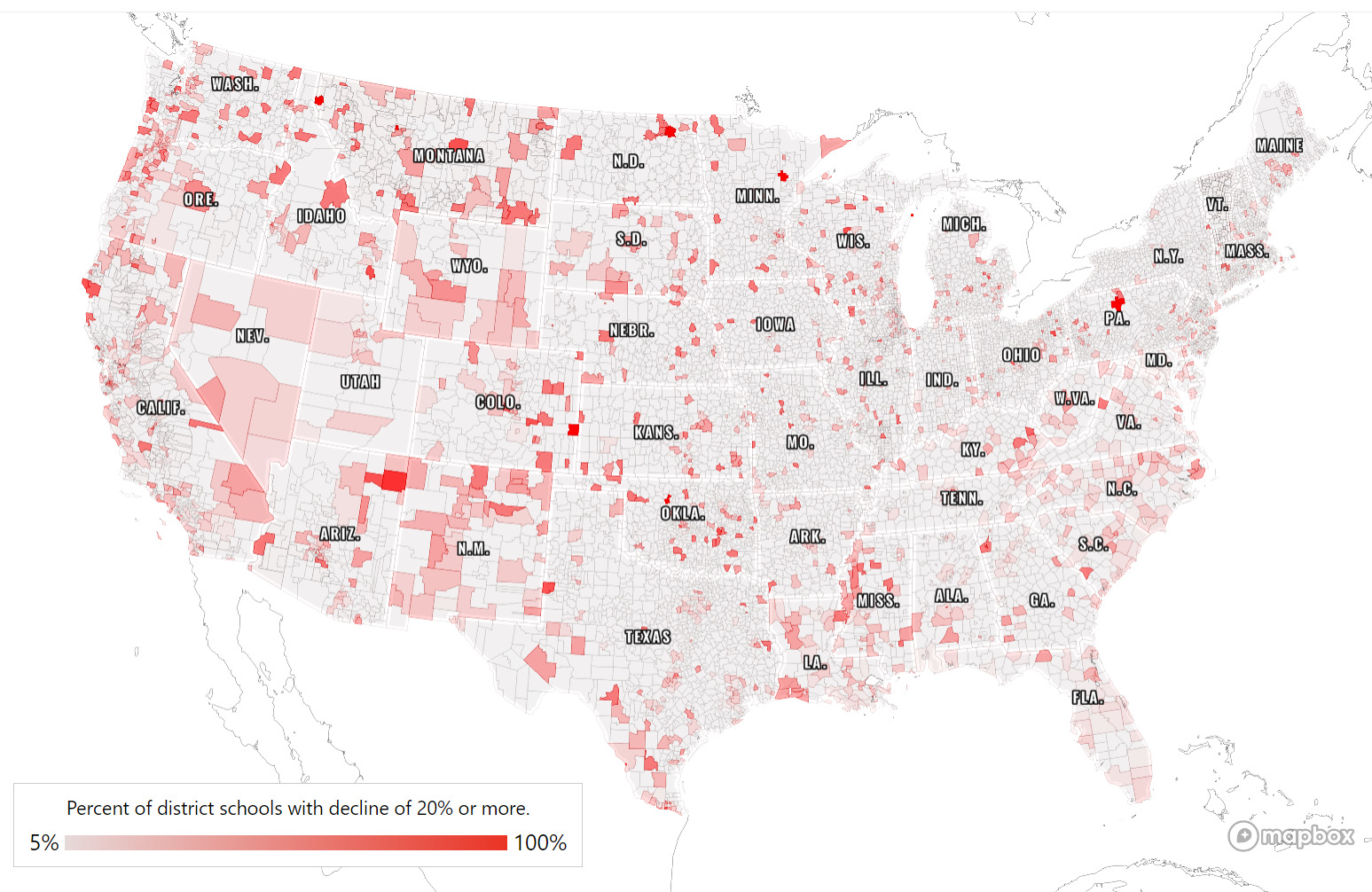k-12 enrollment decline: Map of US with state names and pink to red shading representing the amount of decline in k-12 enrollment by geographic areas