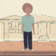 Homeless foster youth: Illustration of young adult or teen wearing black pants, green t-shirt and sneakers with light red, short curly hair standing on sidewalk in front of a house.