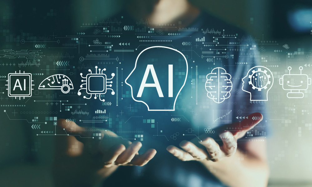 AI economy, foster youth and AI: Close-up of hands palms up reaching toward camera with tech symbols super-imposed on image, all against dark background