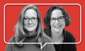 Q&A social media and kids: Headshots of two women on a red background framed by a white conversation bubble; one with long blonde hair, the other with short dark hair, both wearing glasses.