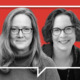 Q&A social media and kids: Headshots of two women on a red background framed by a white conversation bubble; one with long blonde hair, the other with short dark hair, both wearing glasses.
