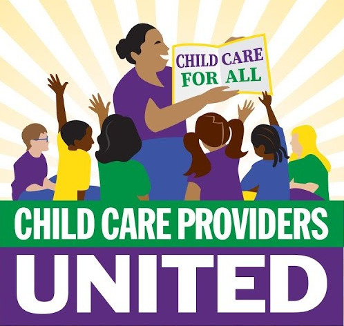 Childcare providers organizing: Logo with multicolor illustration of several children sitting with hands raised around adult reading from book with text below art, "Child Care Providers United" in white text on purple and green