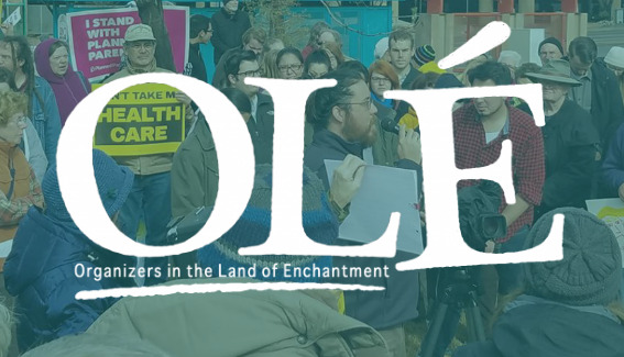 Childcare providers organizing: Logo with large white letters "OLÉ" and smaller letters 'Organizers in the Land of Enchantment", all on a background photo of crowd of protestors holding signs showing through a teal transparency