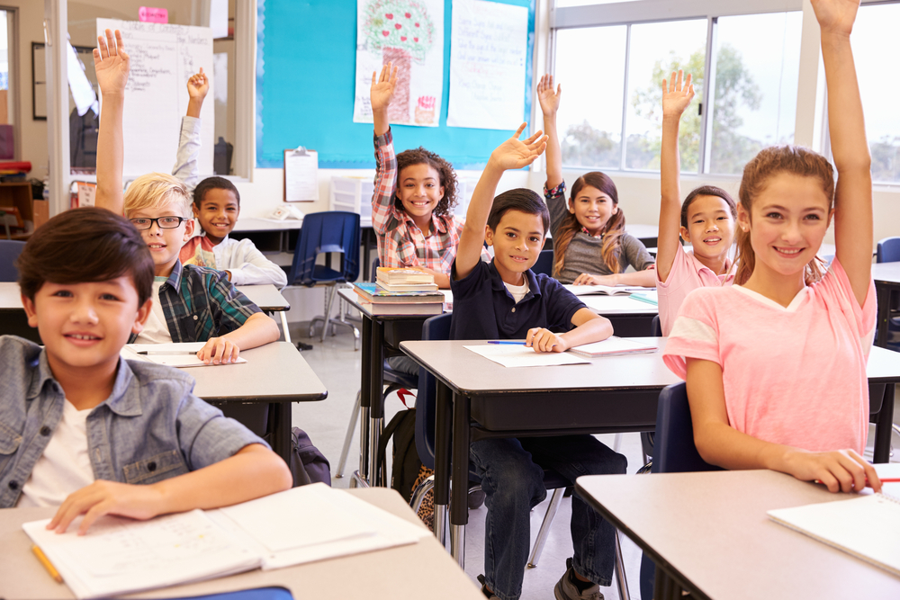 Pittman opinion education ecosystem: Elementary school kids in a classroom sitting at desks raising their hands