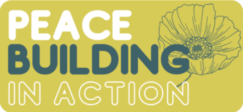 Peacebuilding youth opportunity: Peacebuilding in Action logo with white and dark green text on olive green background with dark green line graphic of a flower