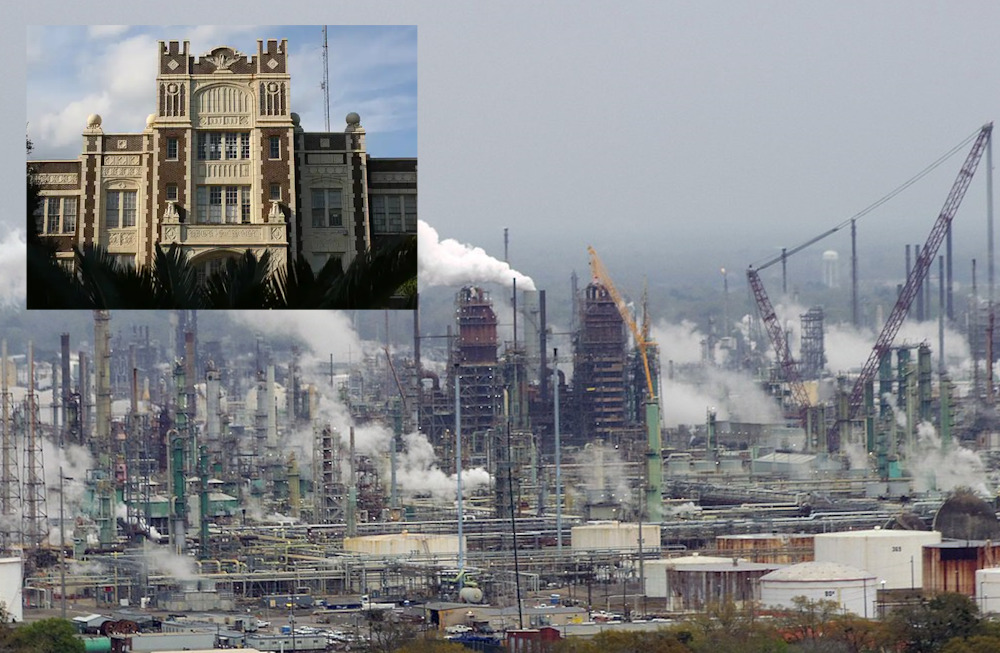 Tax Rebates cost schools: Long view of an oil refinery with dozens of smoke stacks belching white smoke and insert of a traditional red brick building with very ornate white trim