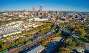 Omaha area community grants: aerial view of Omaha city skyline and surroundings