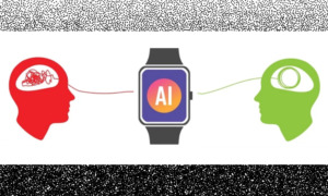 AI Therapy: 2head genderless profiles (one lime green & one red) with tangled threads in brain areaon either side of watch with AI text in face