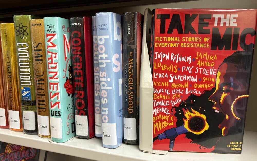 Georgia targets ALA: A row of multicolored books are lined up on a plain shelf. All have their spines facing the camera. On the right, the book "Take the Mic: Fictional Stories of Everyday Resistance" is turned so the cover faces the camera. The cover is red, the title is in black and white, and it features an illustration of a side profile of a Black woman yelling into a microphone that is on fire. There are 11 authors whose names are scattered across the cover.