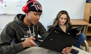 HS Data Science vs Math: Two older teens, both in dark long-sleeved swearshirts, sit at school desk, one Black bot with laptop in hand and one girl looking at laptop screen