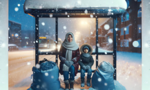 Homelessness in Massachusetts: Woman and young boy in heavy winter clothing sit at covered city bus stop at night in heavy snow with two large cloth bags at their feet