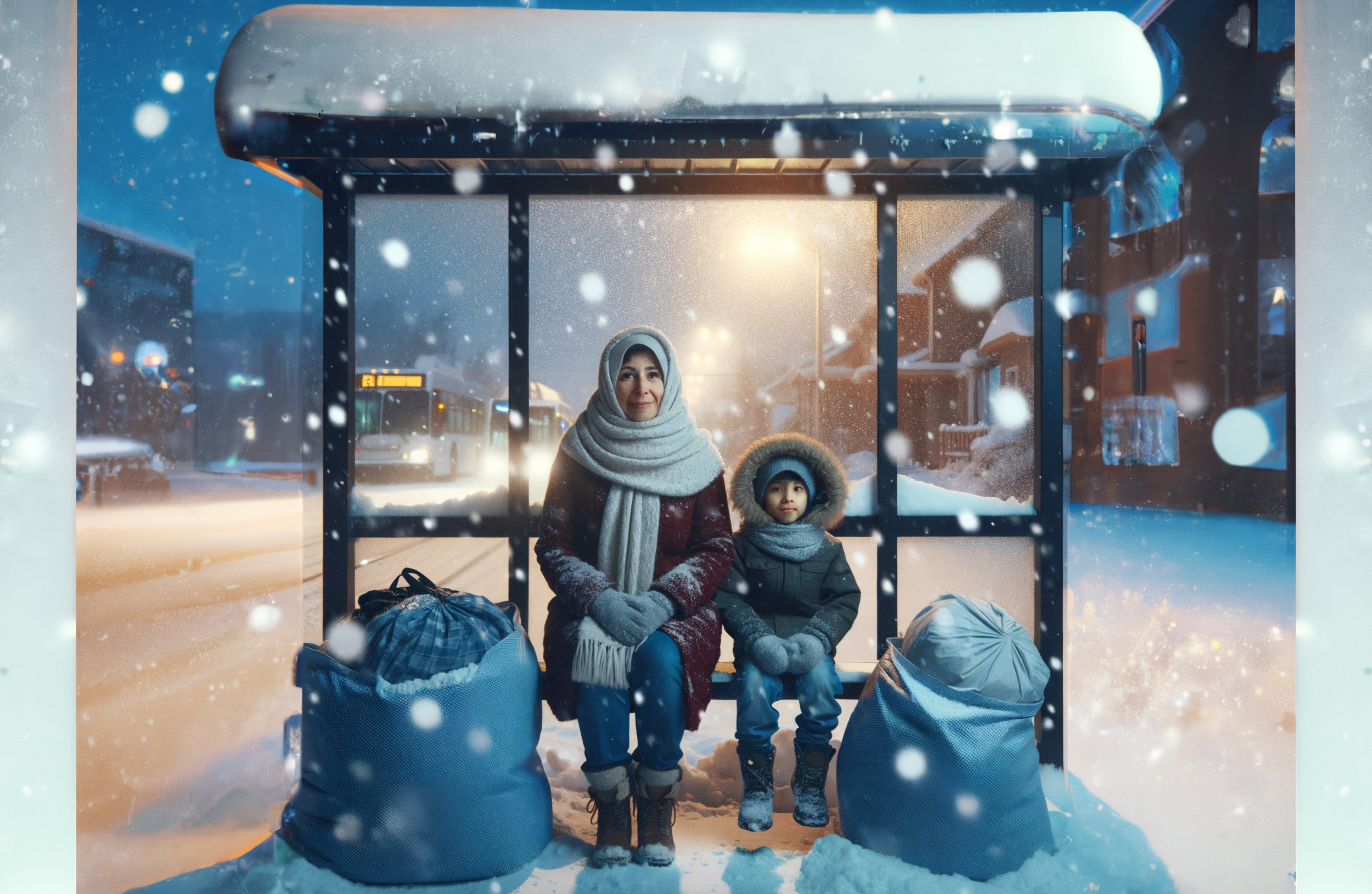 Homelessness in Massachusetts: Woman and young boy in heavy winter clothing sit at covered city bus stop at night in heavy snow with two large cloth bags at their feet