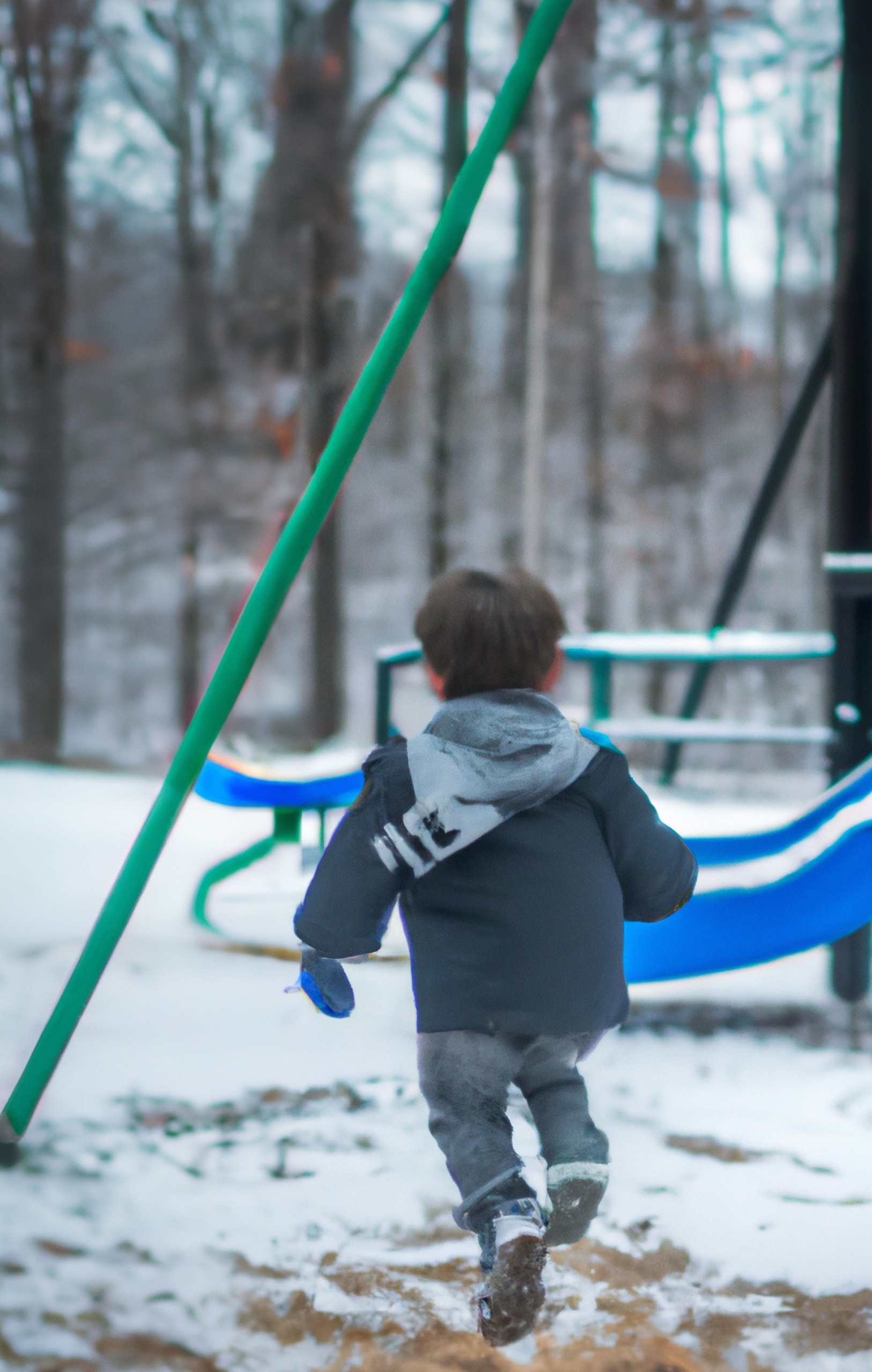 Homelessness in Massachusetts: Young boy in heavy winter clothing suns towards colorful playground tots in snow-covered park with rall, bare trees in background.