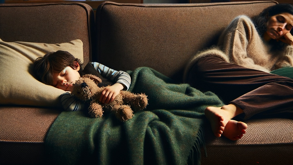 Homelessness in Massachusetts: Woman curled up with head on arm of couch and young boy covered in small blanket clutching a stuffed toy dog sleeping at opposite ends of a brown tweed couch in dimly lit room