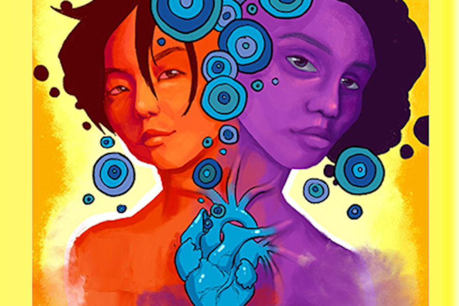 Report Washington Homeless Youth: Bright, colorful report cover with yellow background and two faces — one orange, one purple — surrounded by multi-color swirl designs.
