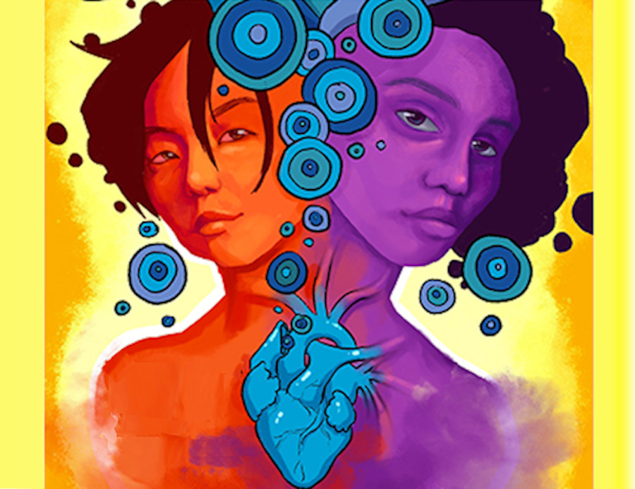 Report Washington Homeless Youth: Bright, colorful report cover with yellow background and two faces — one orange, one purple — surrounded by multi-color swirl designs.