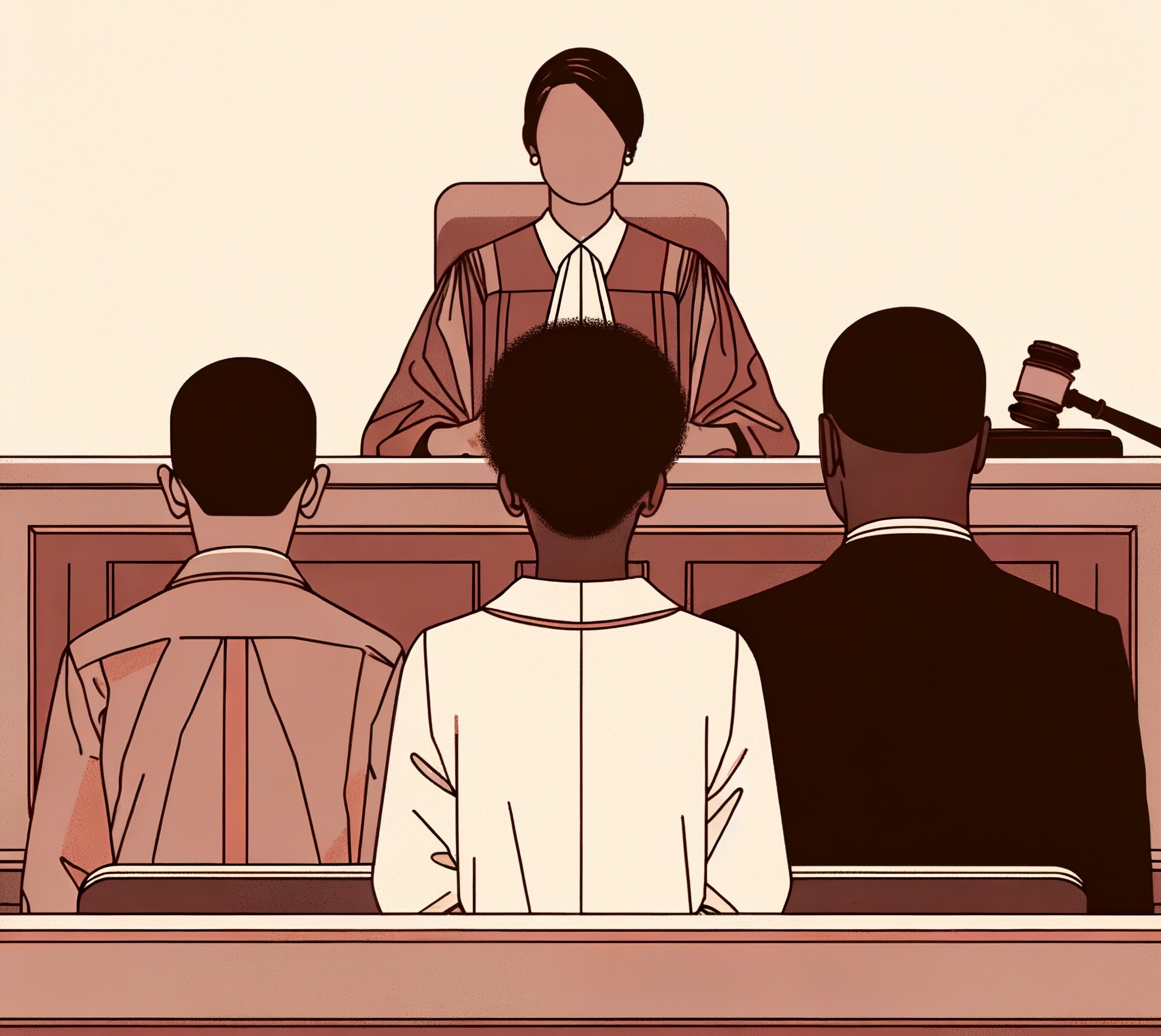 Juvenile Court defenders Ohio Illustration on tans and browns of female judge seated in courtroom facing black attorney and client both standing facing the judge