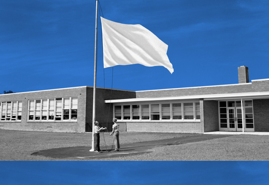 Civic curriculum debate: Two children face each other at very tall flagpole raising an all-white flag up the pole that is on a lawn in front of a one-story brick building with multiple large windows. Blue sky above building.