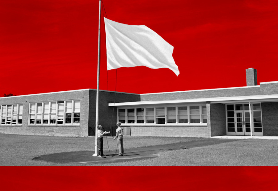 Civic curriculum debate: Two children face each other at very tall flagpole raising an all-white flag up the pole that is on a lawn in front of a one-story brick building with multiple large windows. Red sky above building.