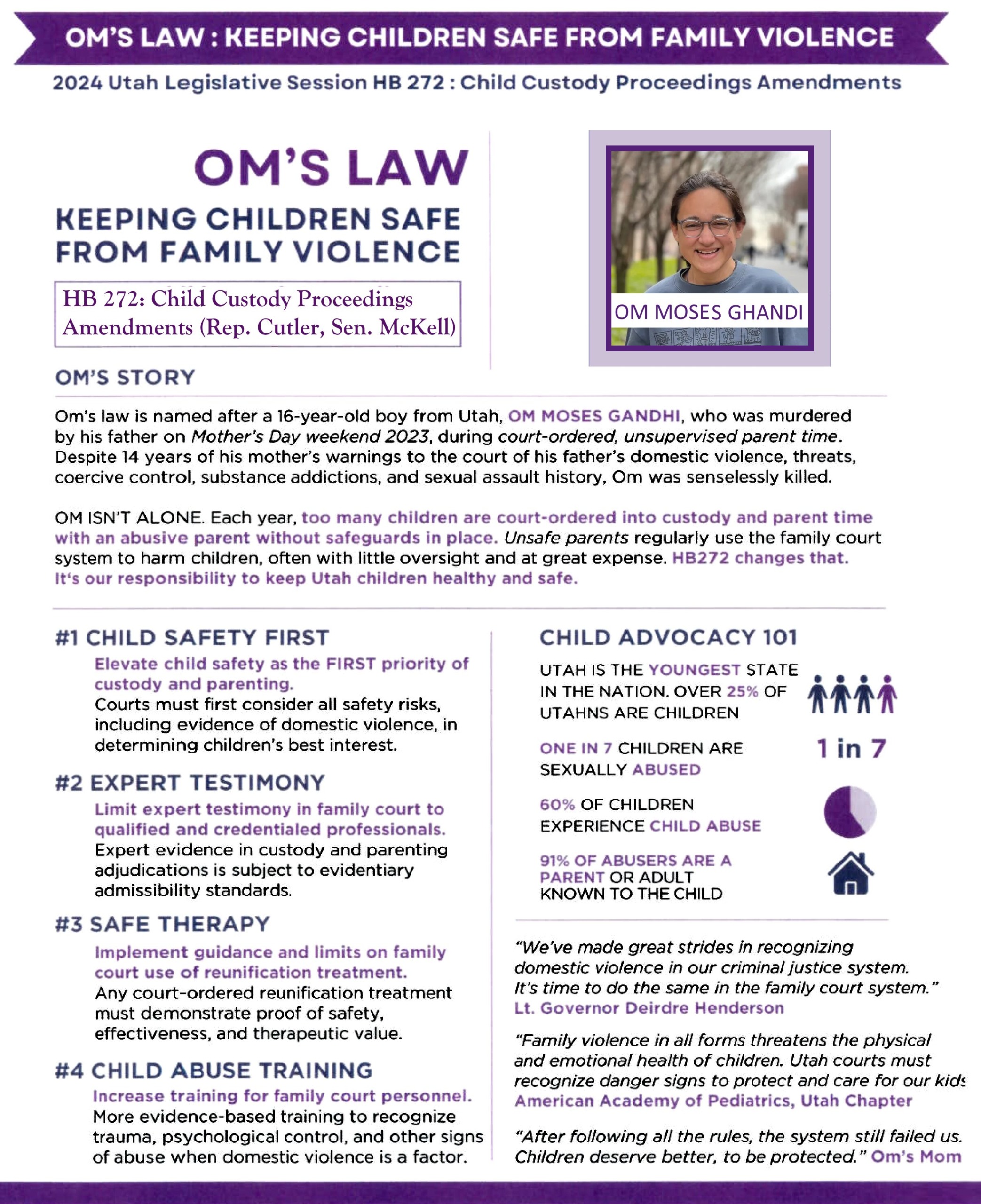 Utah child custody law: NB 272 information flyer including headshot of Om Moses Ghandi