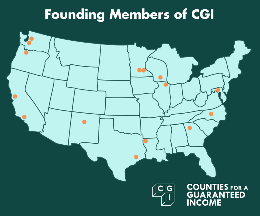 Guaranteed Income: Outline map of U.S. (light blue on dark green background) with white text and orange dots indicating founding counties of Counties for Guaranteed Income