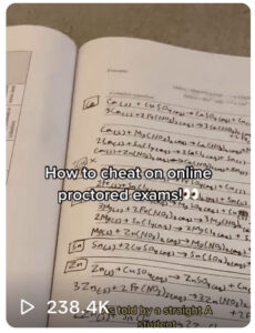 Proctor AI Spying: bound notebook open to pages with black ink hand-written notes with image text overlay, "How to chear on online proctored exams"