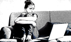 FAFSA and immigrant students: Ink drawing of young woman sitting on couch with arms wrapped around knees with sad, concerned expression on face while looking at laptop screen on low table on front of her