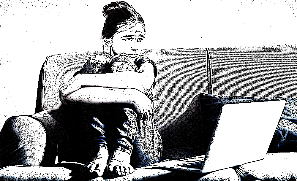 FAFSA and immigrant students: Ink drawing of young woman sitting on couch with arms wrapped around knees with sad, concerned expression on face while looking at laptop screen on low table on front of her