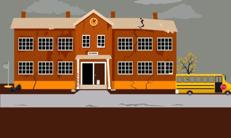 Idaho school bonds and education culture wars: cartoon depiction of school building in disrepair
