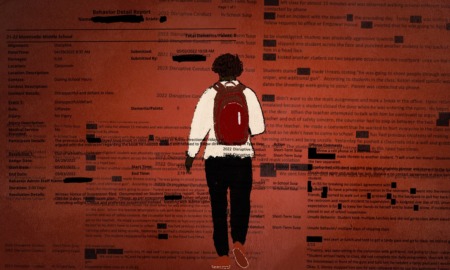 Vague school rules at the root of millions of student suspensions: graphic image of male student with backpack walking away against red background