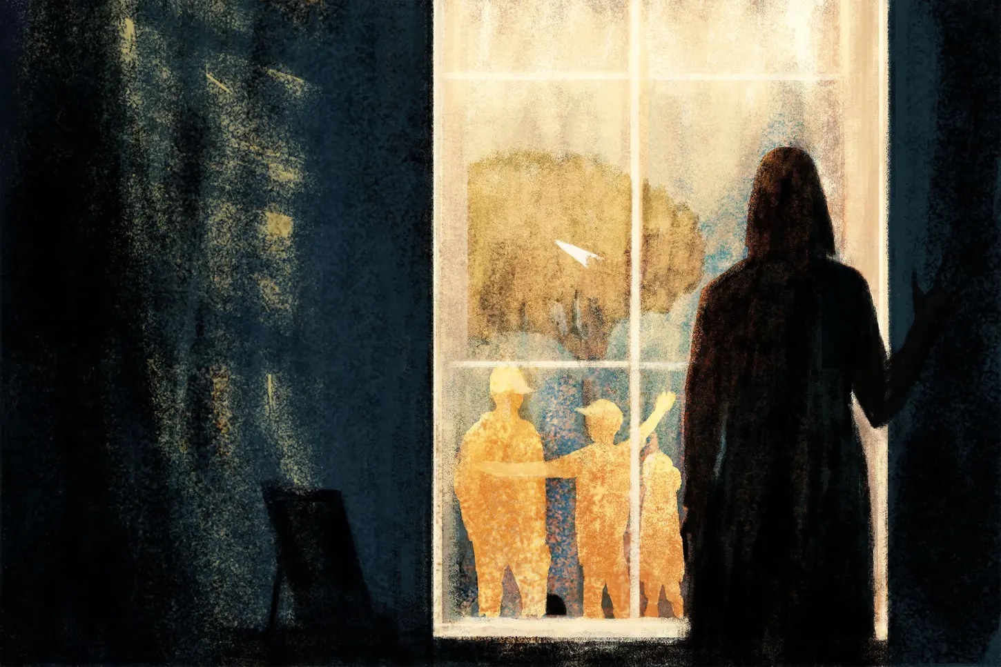 Georgia foster care; When the number of bedrooms in a home keeps parents from getting their kids back: graphic of woman in dark room looking out a window at children outside