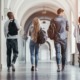 colleges are closing at pace of one a week: four college students walking down campus hallway away from camera