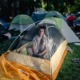 College protest photo essay: Young man with dark hair sits inside small yellow and white dome tent on a green grass lawn surrounded by similar tents and young adults