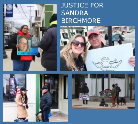 Sandra Birchmore justice: Collage of people holing signs at outside rally on sidewalks wearing winter clothes