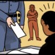 Police Ticketing Students Civil Rights case: Illustration close-up of policeperson in uniform standing in front of student sitting at desk while handing student a ticket