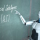 AI usage by teachers: Humanoid white robot looking into camera points to the green chalkboard with the text "Artificial Intelligence."
