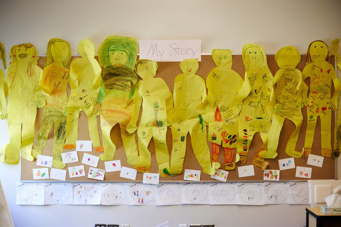 Undocumented students: Child-sized, tellow paper cutouts of children body silhouettes colored in with faces and pets and other items hang on corkboard