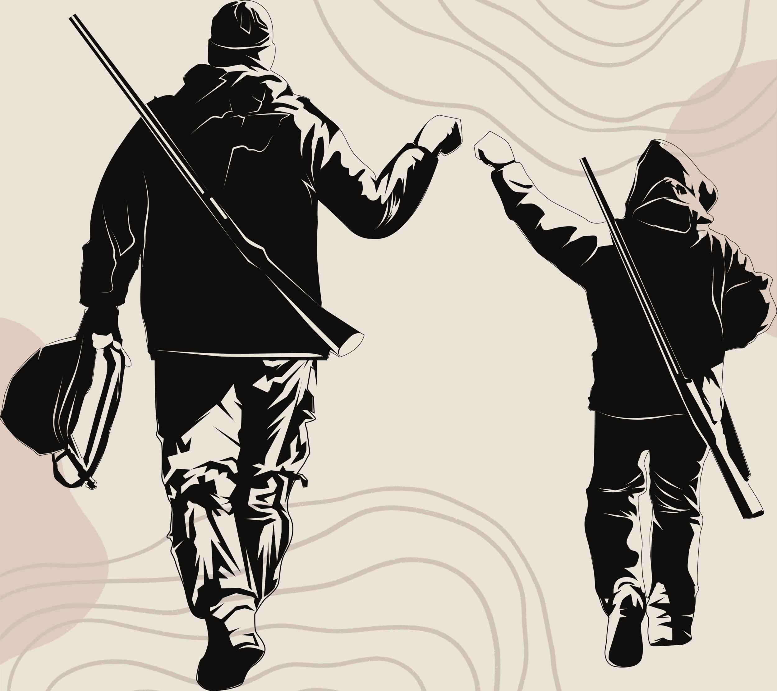 School shooting parents responsible: Silhouette illustration in black on white of back of one adult male and one younger mail with rifles slung across shoulders givining each other high five as walking away together away from viewer