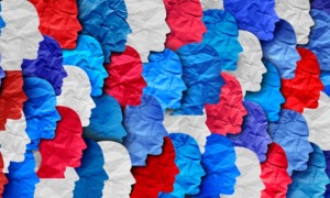 Civics teacher interview: Many red, white & blue human head profile silhouettes mad from slightly wrinkled paper set closely together and overlapping in four rows