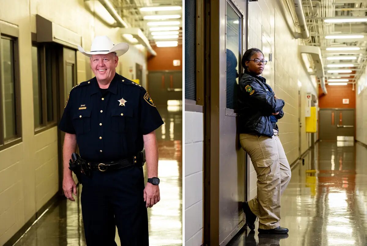 Teens as Texas Jail Guards: Left picture middle age man in black guard unifor with white cowboy hat. Right picture of teen girl in tan pants and dark uniform jacket leaning against wall with arms crossed