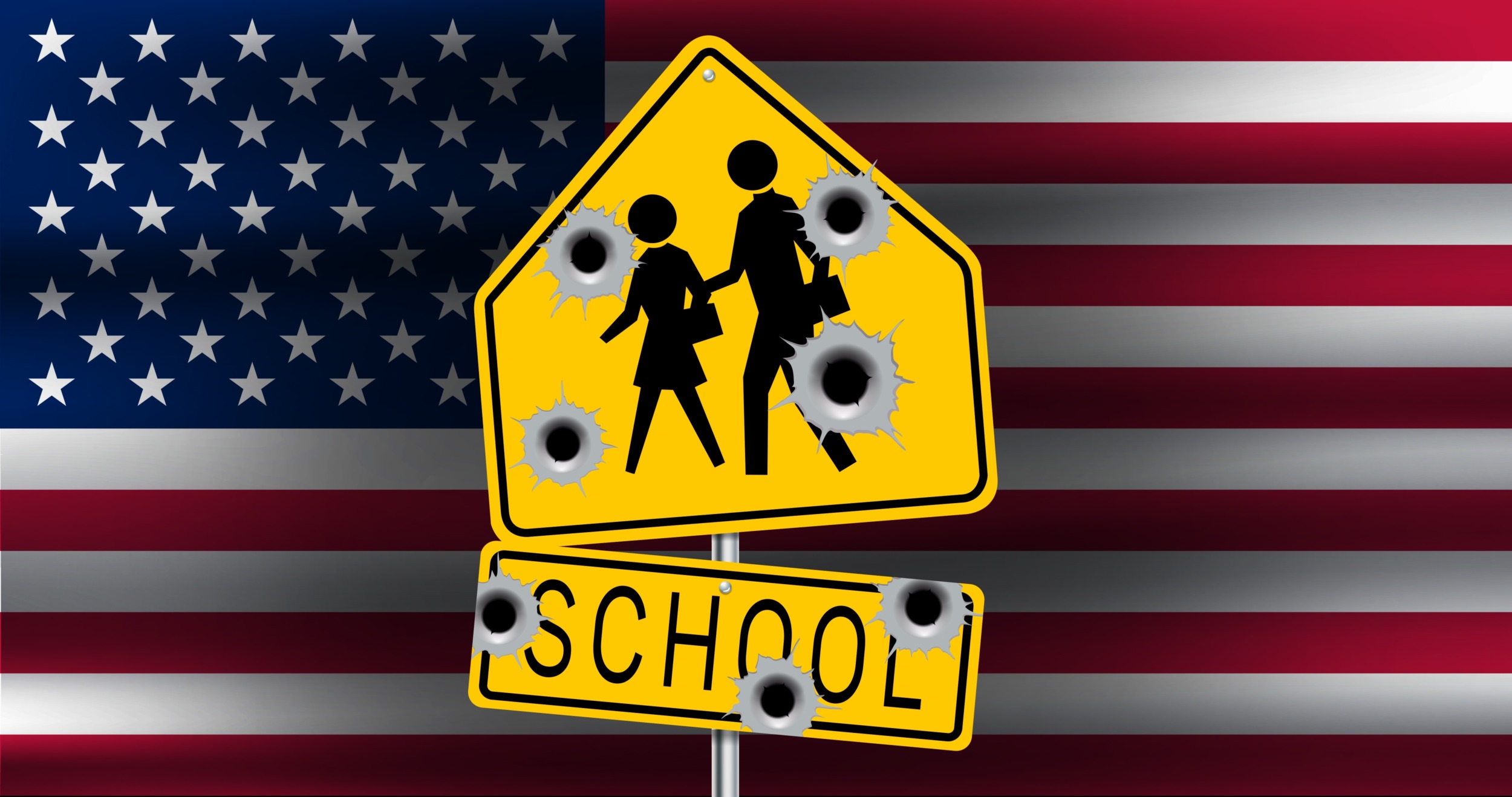 Mass shootings: American flag in background with centered yellow and black school crossing sign with 7 bullet holes.