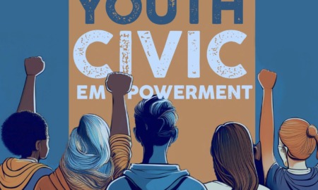 Youth Civi Empowerment: Illustration in turquoises, oranges and white showing back of 5 people of mixed skin colors 3 with arms raised & hands in fists. Background text reads Youth Civic Empowerment.