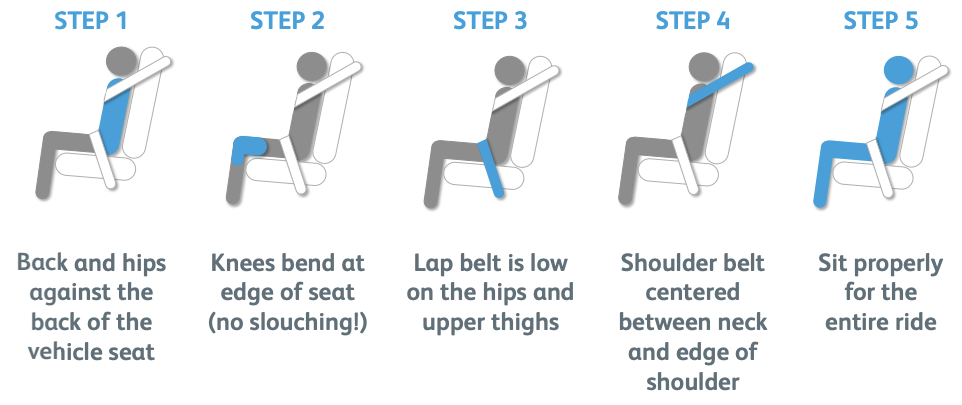 Report booster seat safety: Illustration using human icons seated in car with hip and shoulder seat belts, in gray, white and blue