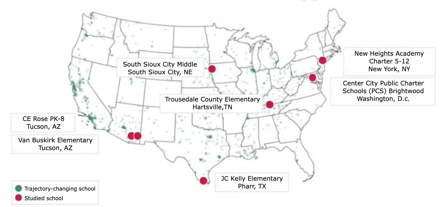 7 best schools: US gray outline map with red dots and boxes with black text marking location and naming schools & cities of the 7 best schools.