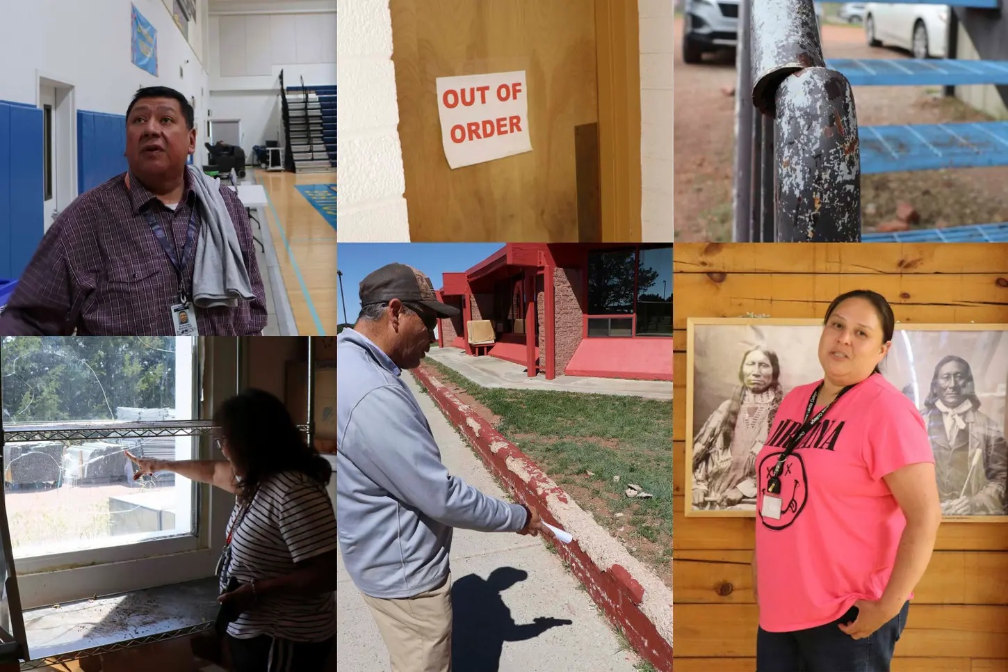 Tribal colleges campuses are falling apart: photo collage of people and deterioration on campuses