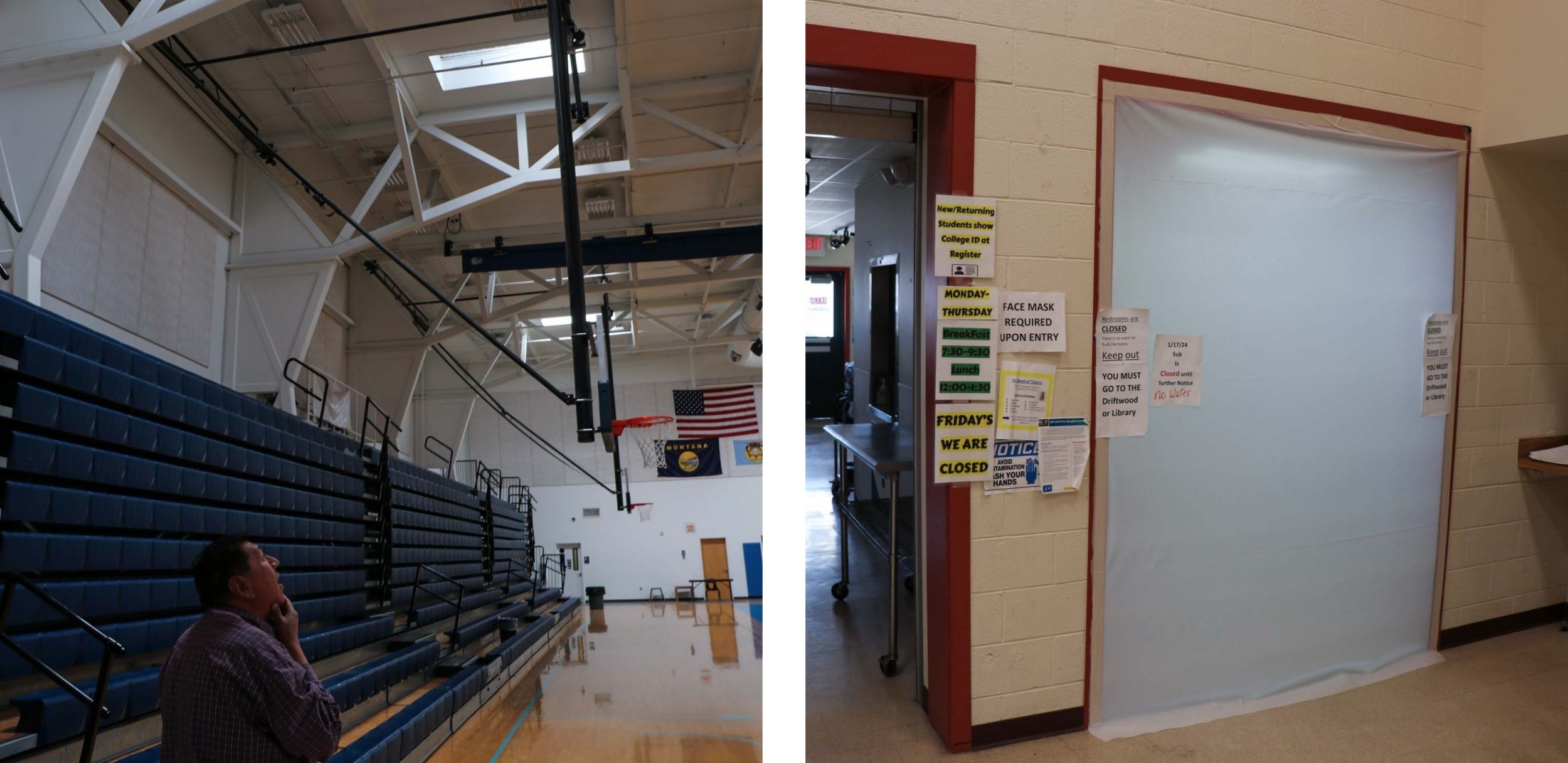 Tribal college campuses are falling apart: two photos showing a man looking at old gym and a blocked off closed area