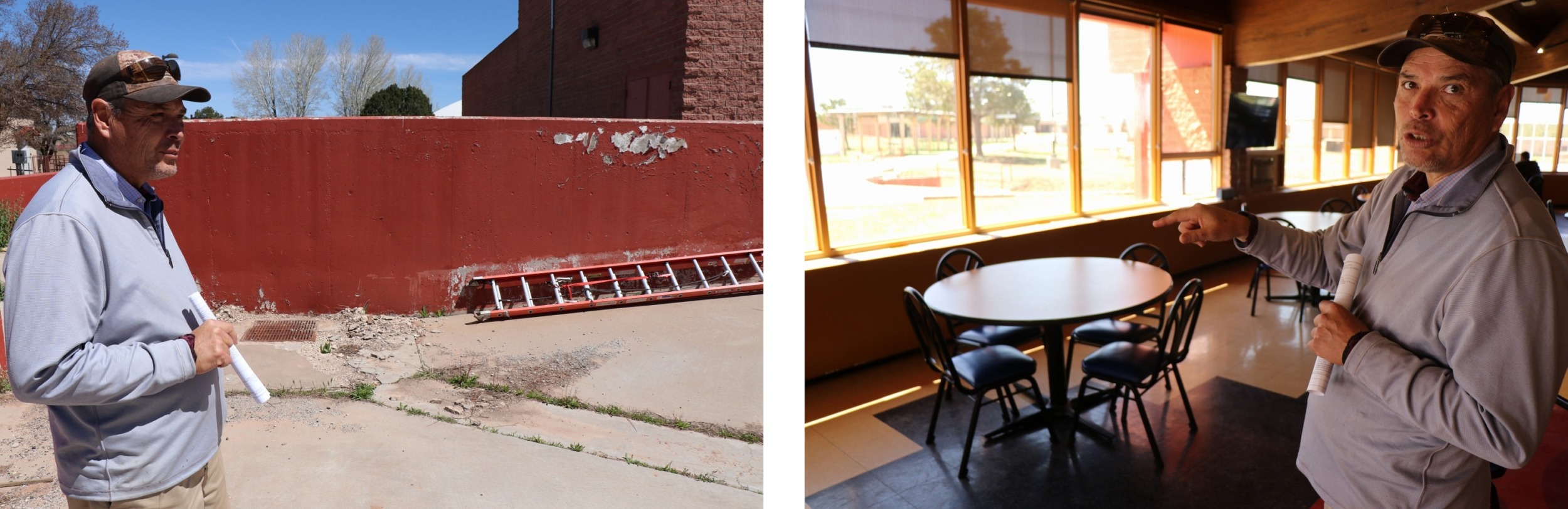 Tribal college campuses are falling apart: two photos showing a man outside looking at crumbling concrete and then inside looking at old cafeteria