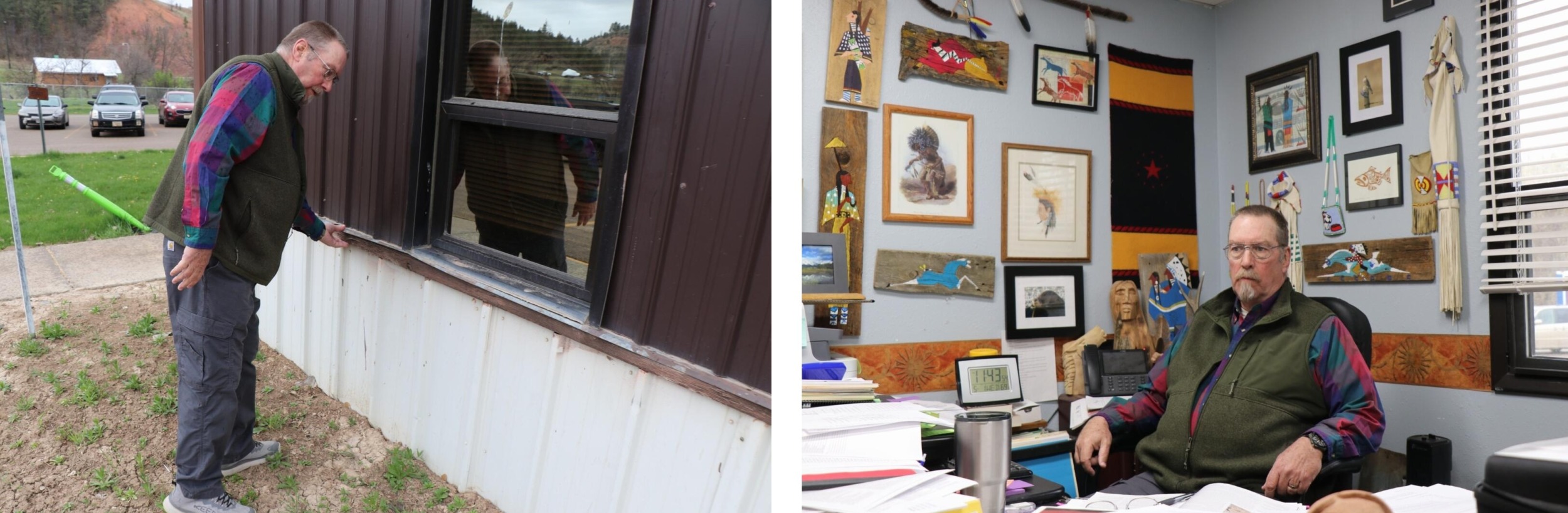 Tribal college campuses are falling apart: image of man looking at building exterior and then sitting at desk