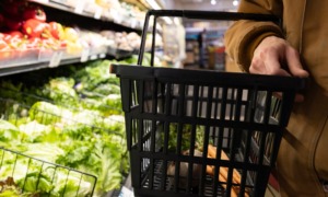 Did families miss out on federal funds to help feed their children last summer: hand holding an almost empty shopping basket with produce aisle in the background