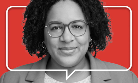 school technology: Headshot Katy Knght, Black woman with short bobbed black hair and dark-framed glasses in gray jacket with white top against red background.